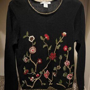 Vintage Arriviste Black Knit Sweater Floral Embroidery & Beaded Accents Size Med